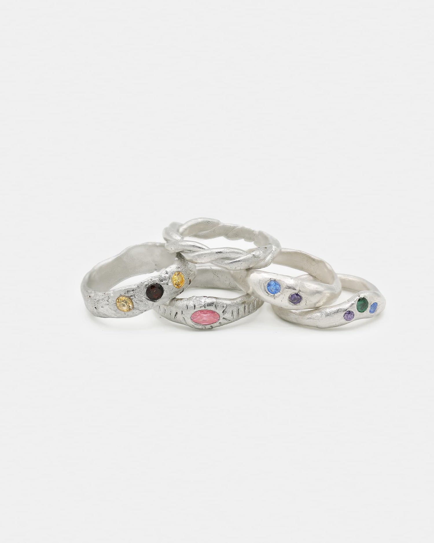Set of rings in silver and gemstones made during the LMJ silver clay workshop