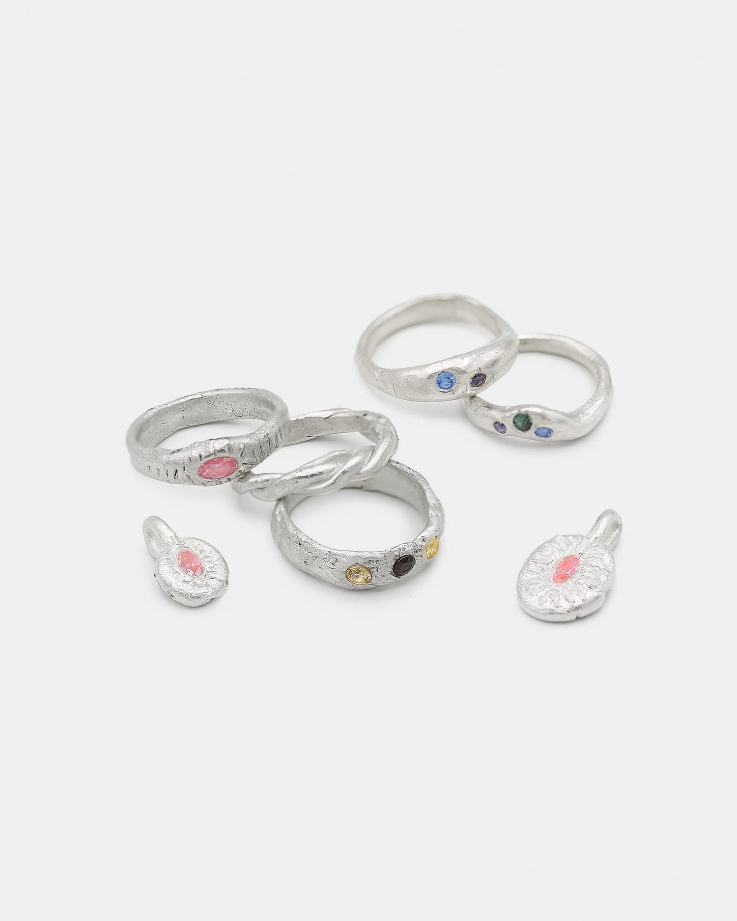 rings in silver and gemstones made during the LMJ silver clay workshop