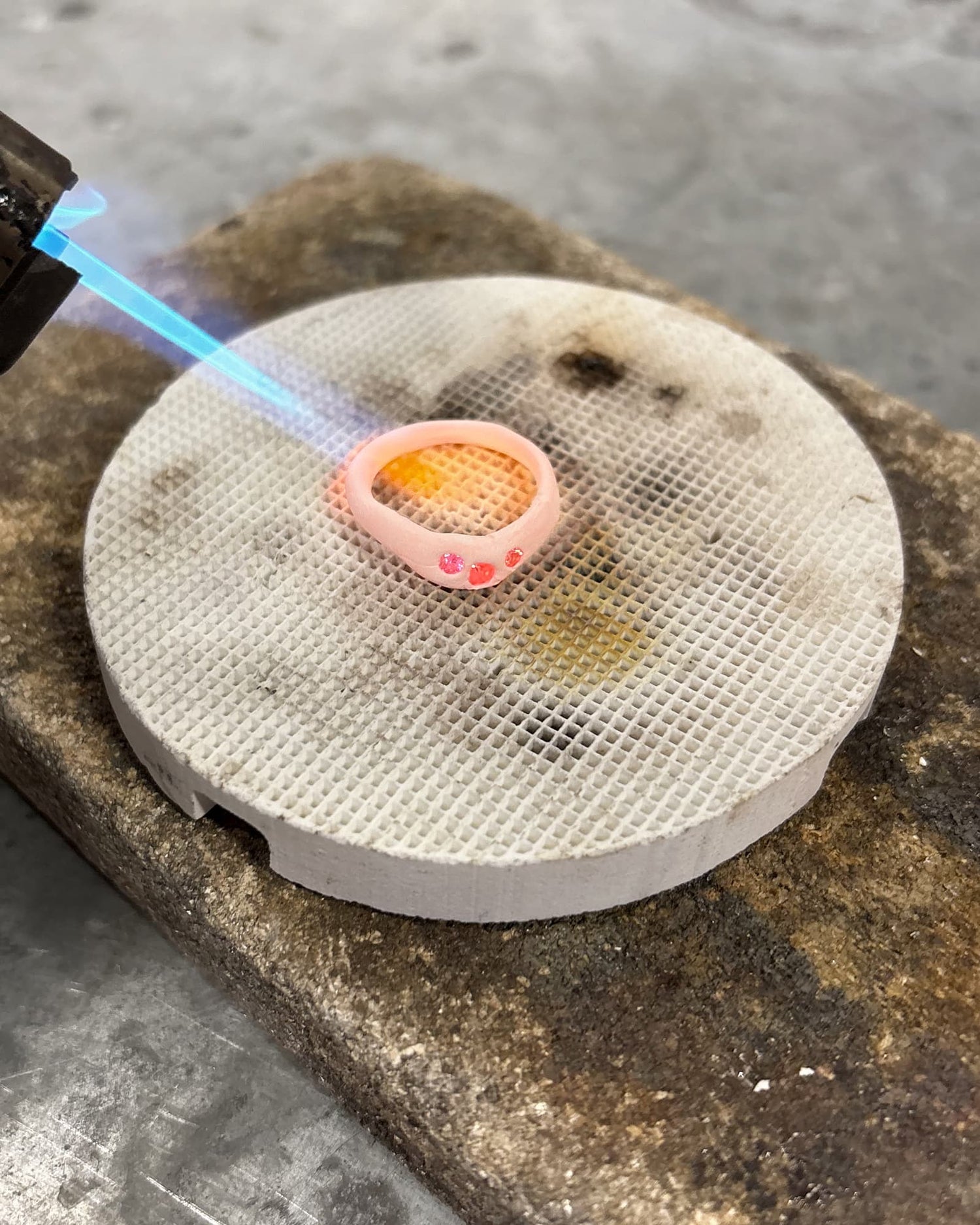 process of firing rings in silver and gemstones during the LMJ silver clay workshop