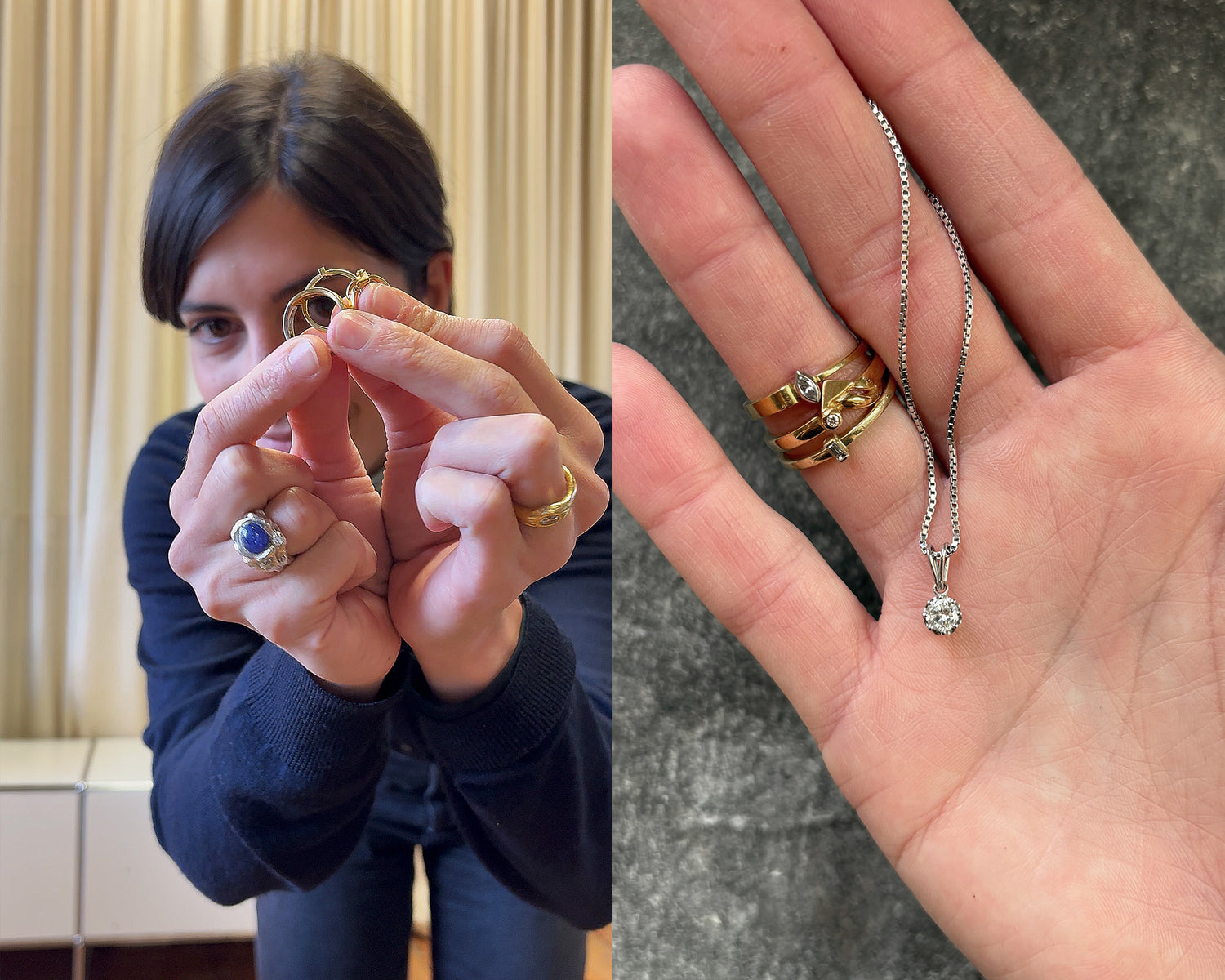 Person holding gold rings and a hand holding some diamond rings and diamond necklace.