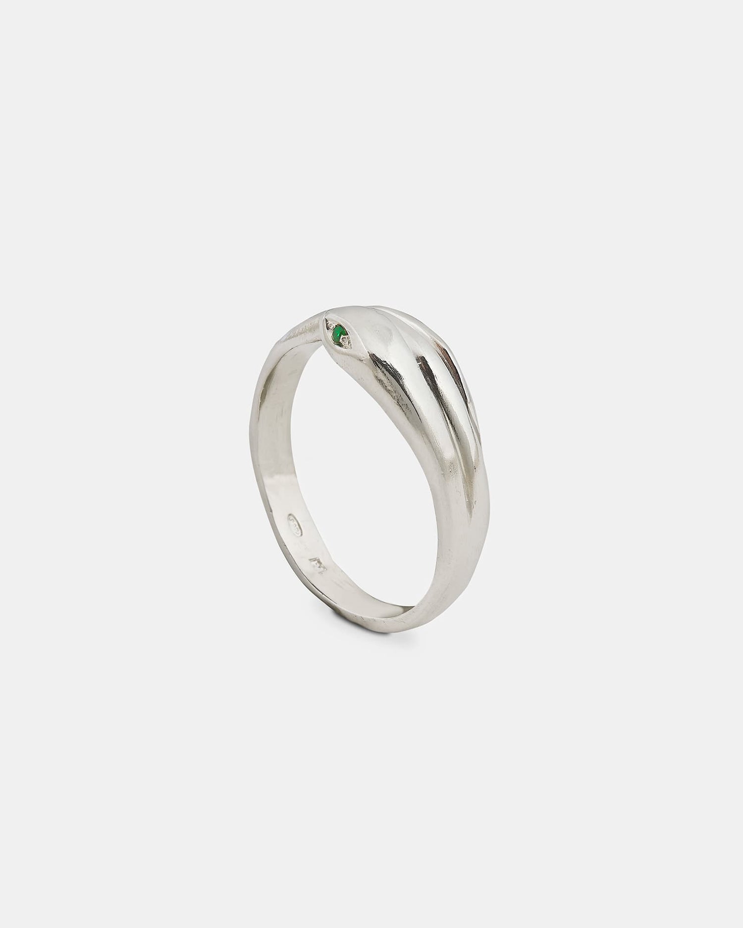 LMJ Silver ring with a small green gemstone on a white background